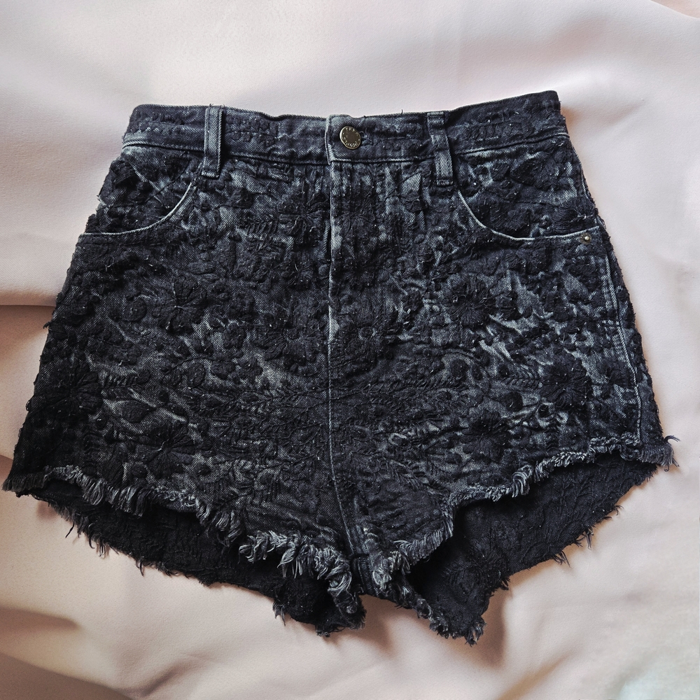 Free People Black Floral Textured Embroidered Demin Shorts